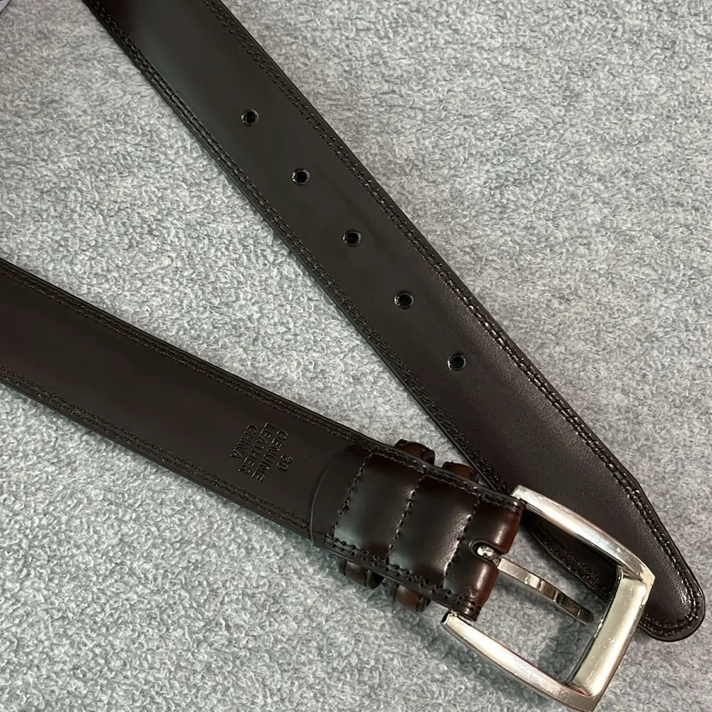 Mens Brown Leather Belt Size 38 Silver Tone Metal Buckle